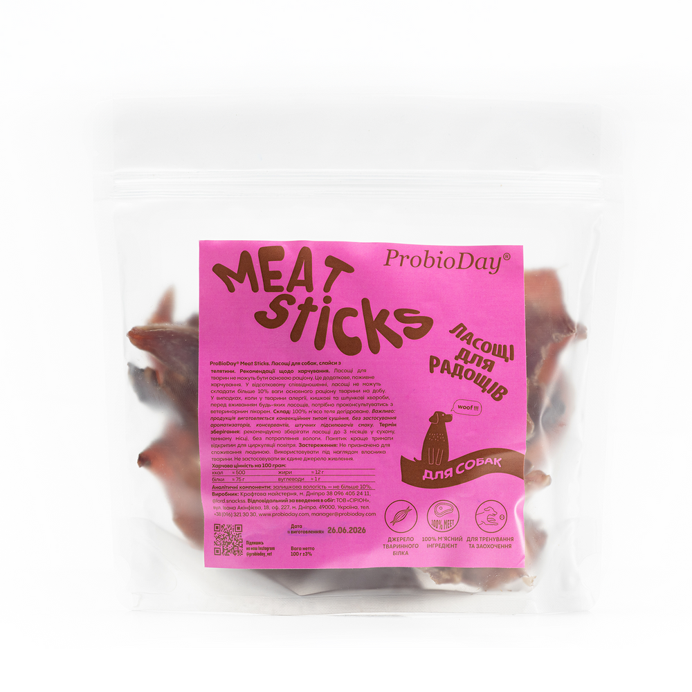 Натуральні сушені ласощі для собак ProbioDay Meat Sticks, 100% м&rsquo;ясо телятини, 100 г 000236 фото 3