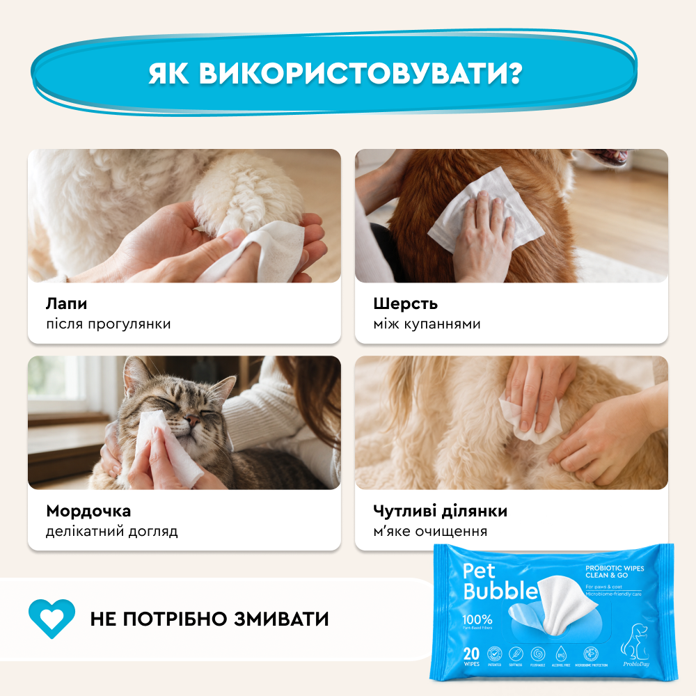 Вологі серветки для собак і котів з пробіотиками Pet Bubble&reg;, 20 шт. 000241 фото 5